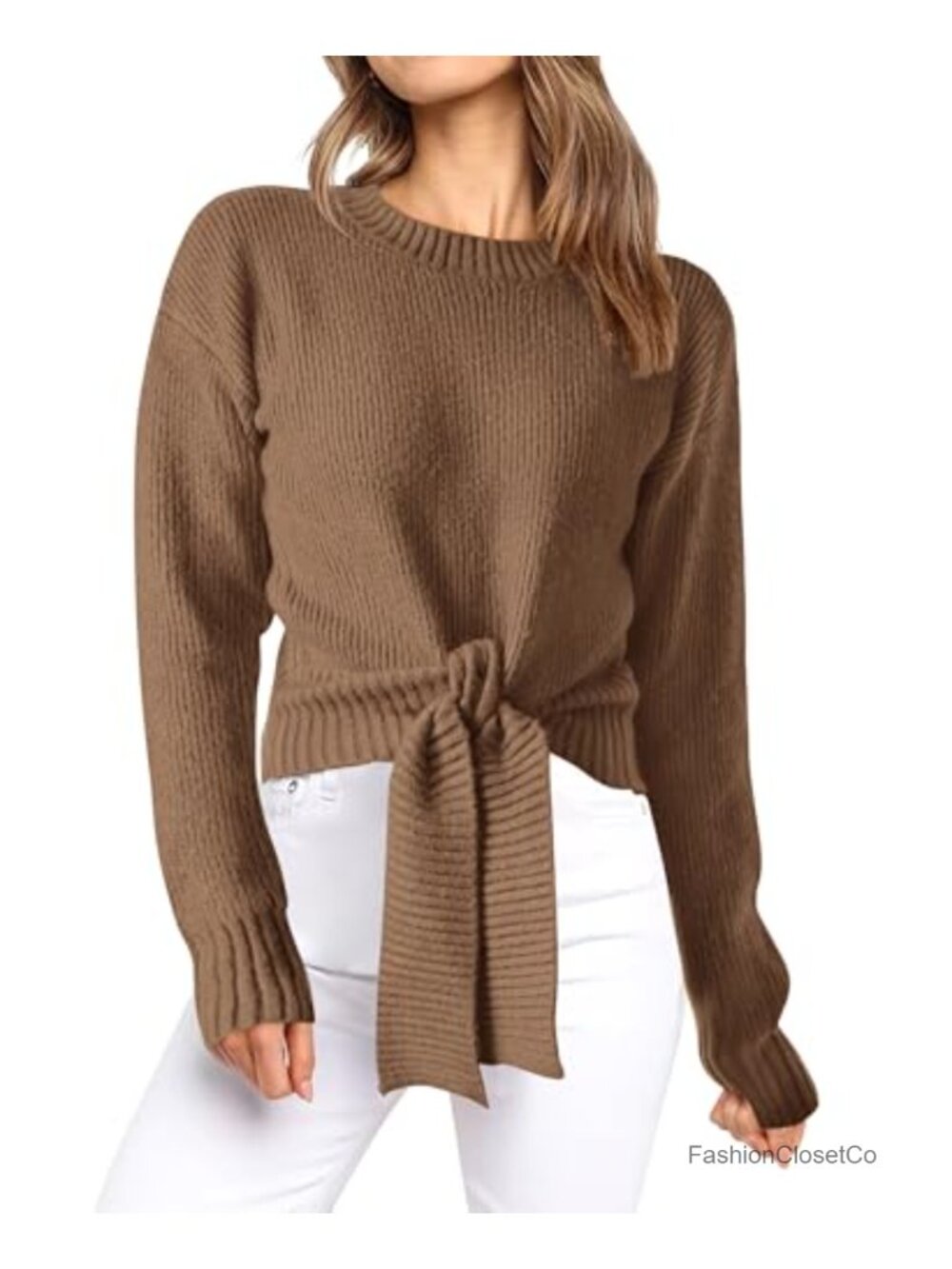 Women's Long Sleeve Tie Front Crop Cable Knit Chunky Pullover Sweater